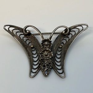 Vintage BEAU Filigree Woven carved flower butterfly silver brooch